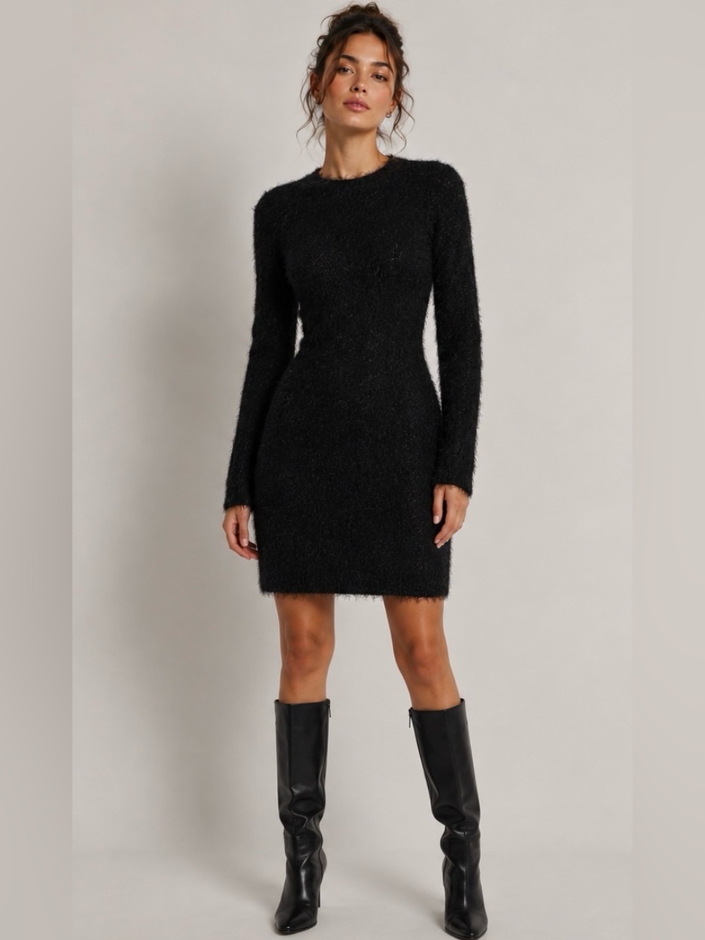 FCT FLUFFY KNIT JUMPER DRESS - BLACK SIZE LARGE (NEW WITH TAGS) A18